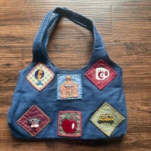 Vintage 90s Cappelli Straworld Denim Patchwork Teacher Bag School Bus Novelty